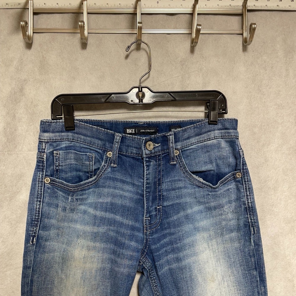 BKE Jeans Men 30x30 Blue Stone Wash Jake Straight Preppy Buckle Stretch Whisker